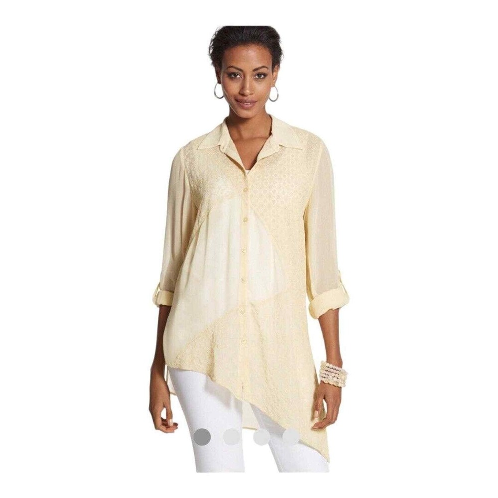 Chicos Designer Button Down‎ Shirt Long Sleeve Sheer Overlay SZ M 1 Asymmetrical